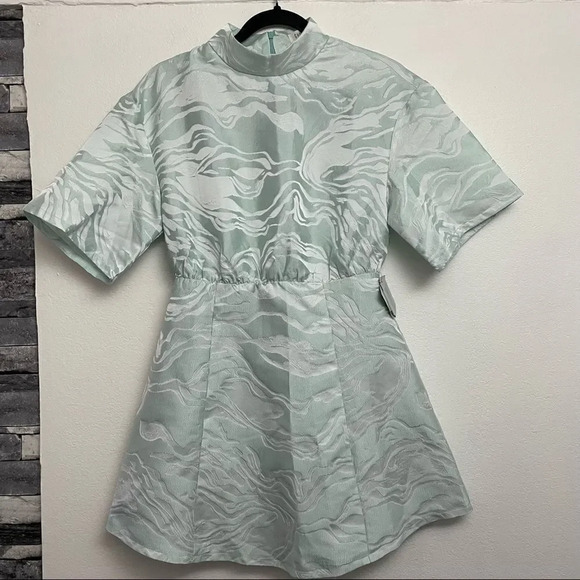 high neck mini dress in light blue marble jacquard - Picture 1 of 15